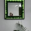 Square illuminated moss mirror in a black wood frame mounted on a wall above a green plant.
