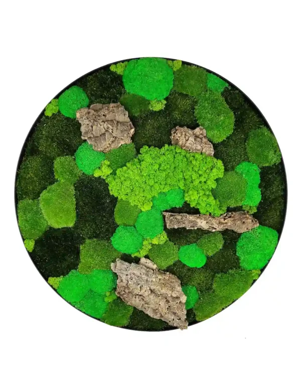 Round moss wall art with mixed preserved moss and natural wood pieces in circular frame
