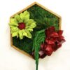 Hexagon preserved moss wall art with decorative plants and flowers in a frame