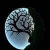 Round dryad wall art illuminated in the dark with cool white LED light, black tree silhouette, and green moss.