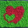 Close-up of preserved green moss wall art with a vibrant red textured double heart design.