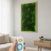 Hand pointing a remote control at an illuminated green moss wall art panel hanging in a modern living room.