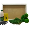 DIY moss wall art kit with picture frame, preserved moss, adhesive bottle, spreader tool, and protective gloves.