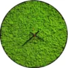 Round wall clock filled with green reindeer moss, featuring minimalist black hands and a slim black frame.