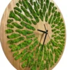 Round wooden wall clock with radial cutouts filled with green preserved moss and black hands.