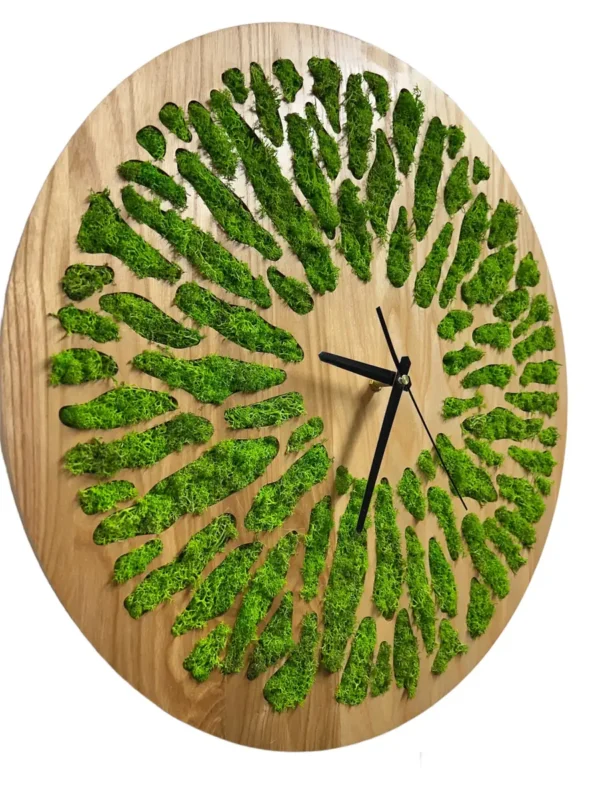 Round Wooden Wall Clock with Preserved Reindeer Moss - Image 3