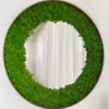Round wall mirror with vibrant green reindeer moss border and brown frame mounted on a white wall