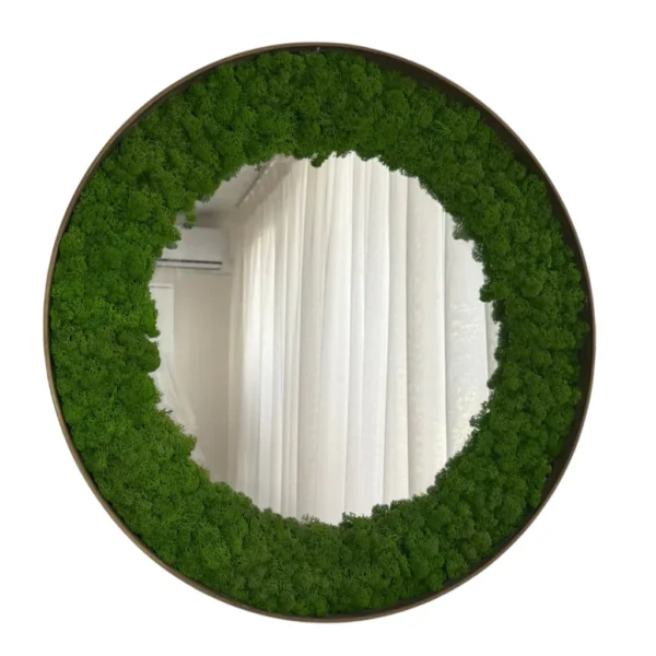 Round wall mirror bordered with preserved lichen moss inside a circular frame