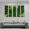 Five-panel green moss and driftwood wall art set mounted above a modern gray sofa in a bright living room.