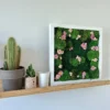 Square moss and pink flower wall art in white frame on wooden shelf next to potted cacti