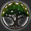 Round dark wood tree wall art featuring textured green moss and cool white backlight illumination.