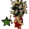 Wooden stars with red and green reindeer moss standing in front of a decorated small Christmas tree