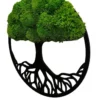 Angled view of round Tree of Life wall art with textured green ball moss canopy and black wooden frame