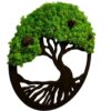 Dark wood tree of life wall art featuring vibrant green reindeer moss canopy and small pinecones.
