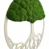 Side view of circular Tree of Life moss wall art with textured green ball moss and white wooden cutout frame.