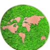 Front view of round wall art with bright green moss and light brown wood world map silhouette in a round frame