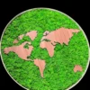 Round wall art featuring light brown wooden world map continents over bright green moss in a circular frame.