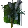 Angled view of square moss wall art with preserved ferns, ball moss, and foliage in a white frame