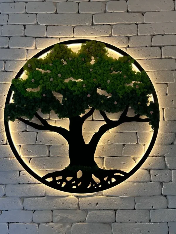 Round tree wall art featuring preserved moss canopy and integrated backlighting on a brick wall
