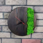 Burnt Wood Slice Wall Clock with Moss
