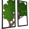 Green moss tree wall art with textured cork bark trunk set in black rectangular frames against a dark backdrop.
