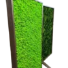 Freestanding wooden room dividers on feet, displaying bright green lichen moss and dark green ball moss panels.