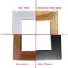 Four wooden frame color options: white, natural wood, brown, and black.