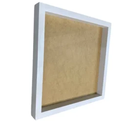 White square deep shadow box frame with a light brown back panel, angled view.