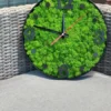 Round moss wall clock with green reindeer moss, black frame, and black numbers resting on an outdoor wicker chair.