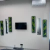 Symmetrical wall display of illuminated vertical moss panels in black frames and rectangular mirrors around a TV.