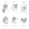 Size guide chart illustrating six line art wall decor designs with dimensions scaled to 50 cm heights.