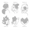 Dimension guide chart showing six botanical female face and heart line art designs with measurements up to 60 cm.