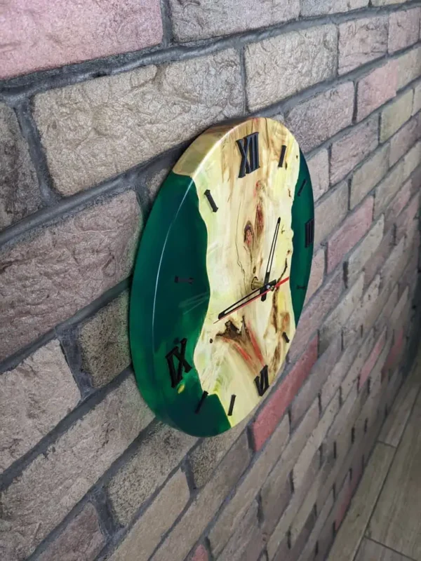 Maple Wood Epoxy Wall Clock with Emerald Green Resin - Image 2