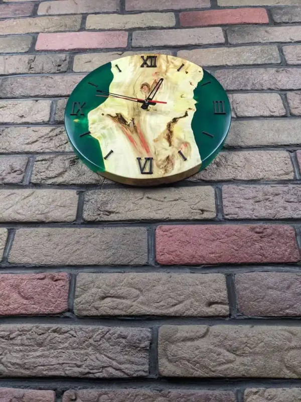 Maple Wood Epoxy Wall Clock with Emerald Green Resin - Image 4