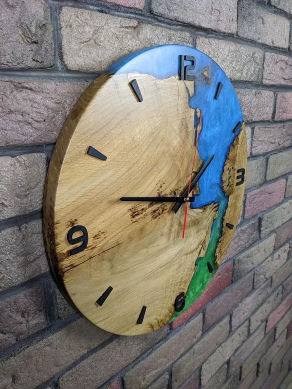 Elegant Blue Epoxy Oak Wood Clock - Image 3