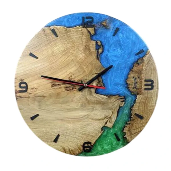 Round wood and epoxy resin wall clock with black hands and numbers