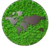 Round wall art featuring dark brown wooden world map over vibrant green preserved moss in a slim circular frame