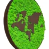 Side angle view of round moss wall art with vibrant green reindeer moss, dark wood world map, and dark brown frame