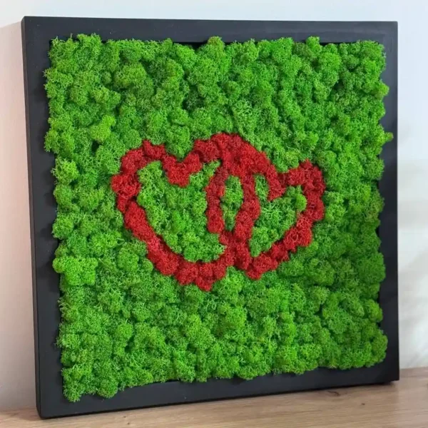 Framed preserved moss wall art featuring interlocking heart design