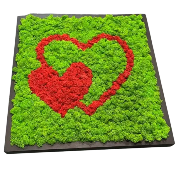 Preserved moss wall art featuring two interlocking hearts set in a square wooden frame.