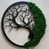Round black Tree of Life wall art featuring a dryad silhouette and green preserved moss on a textured wall.