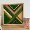 Geometric diagonal pattern wall art with preserved moss and wood inlay in a wooden frame