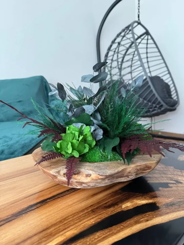Decorative Wooden Bowl with Reindeer Moss & Plants - Image 3