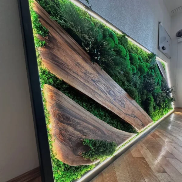 Moss Wall Art with Wood Accents and Plants – Modern LED Wall Art - Image 4