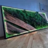 Backlit rectangular moss wall art with diagonal wood planks, green preserved foliage, and a sleek black frame.