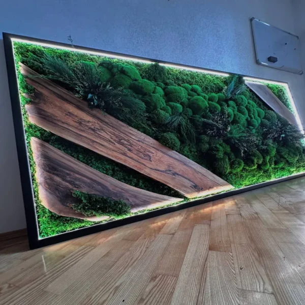 Moss Wall Art with Wood Accents and Plants – Modern LED Wall Art - Image 5