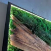 LED illuminated moss wall art with black frame, diagonal natural wood accent, and preserved greenery.