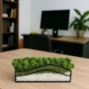Green moss and white stones inside a black metal glass planter displayed on a wooden office desk.