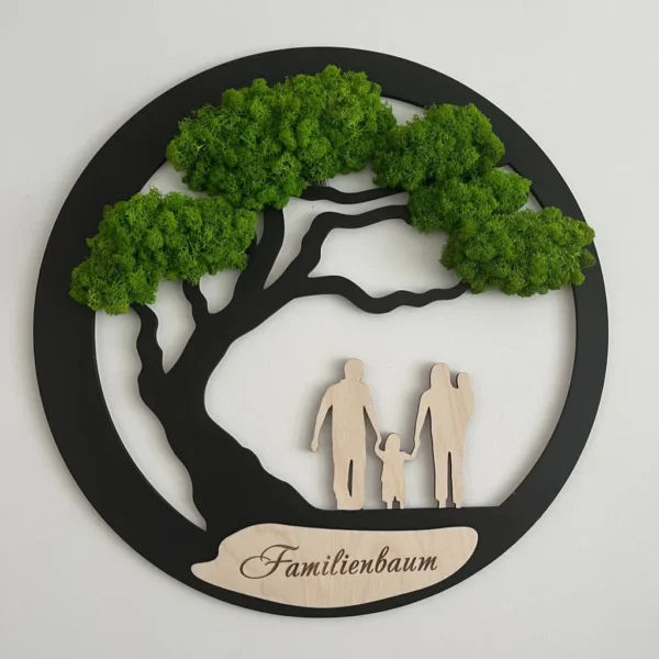 Round family tree wall art with preserved moss foliage, silhouette figures, and an engraved personalized plaque