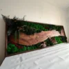 Rectangular moss wall art featuring a live-edge wood slab, green bun moss, and preserved ferns in a dark wood frame.